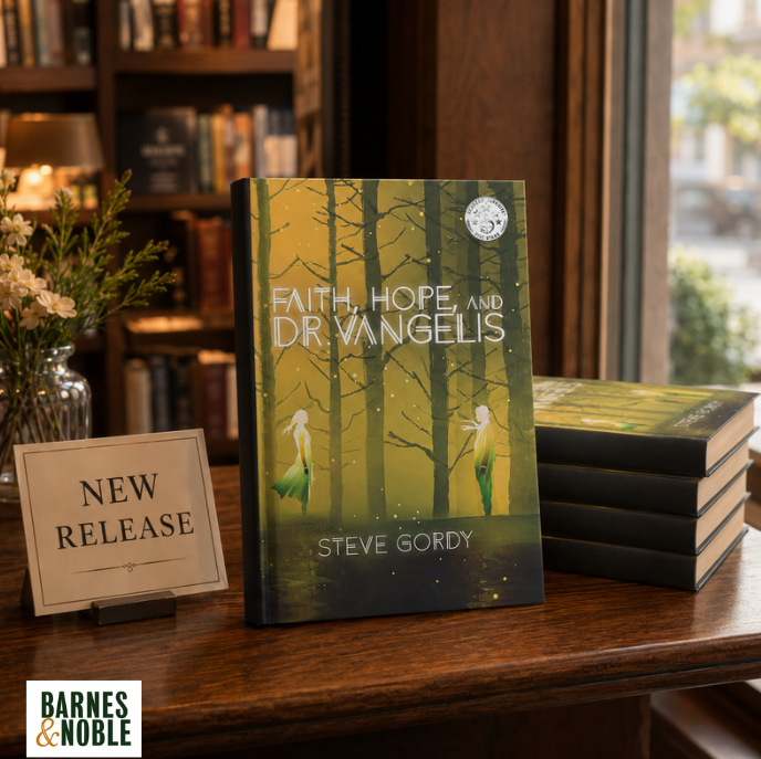 Faith, Hope, and Dr. Vangelis new release display in a bookstore setting